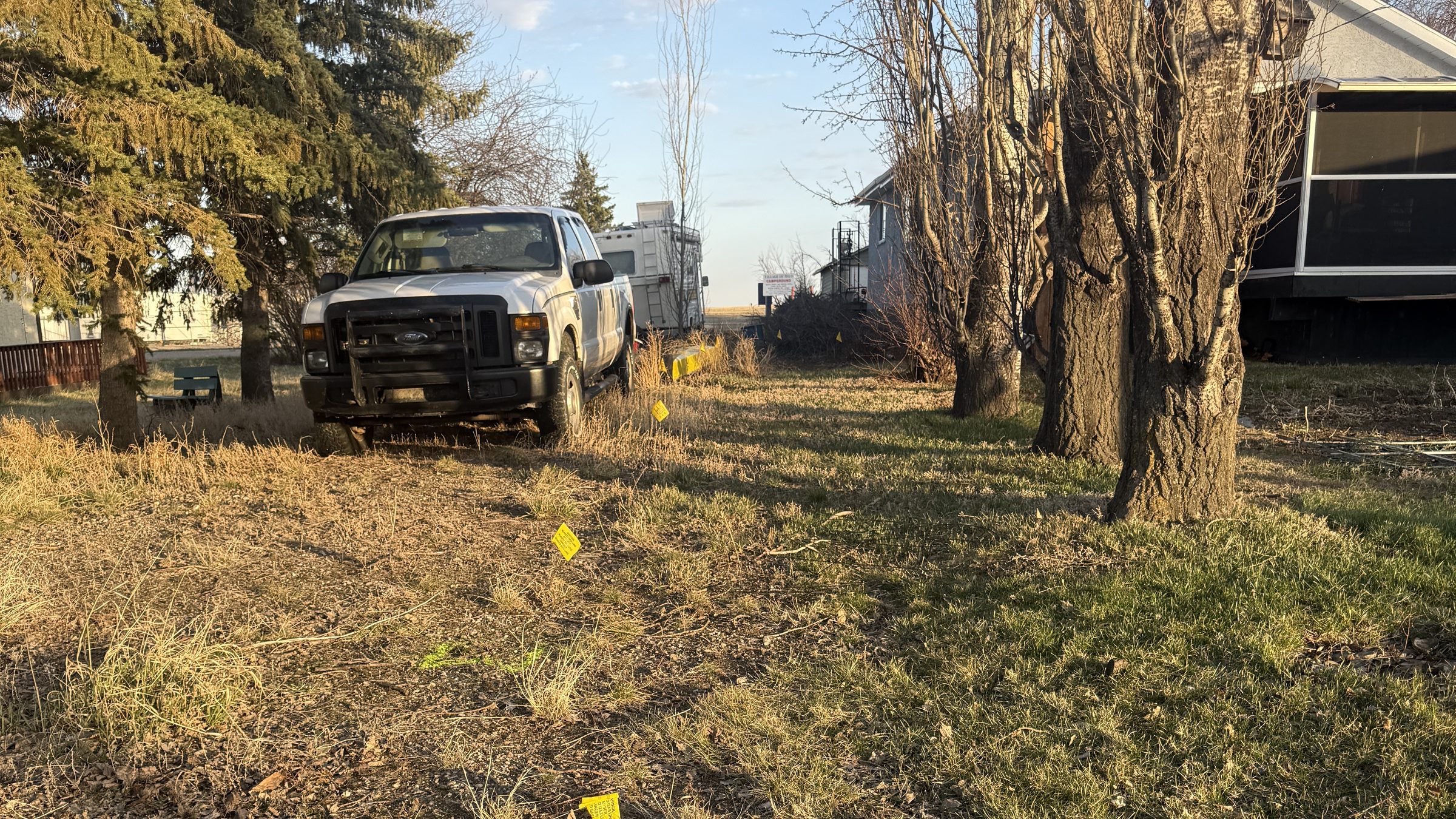 Utility locate flags marking a rural Alberta site with a service truck on the approach